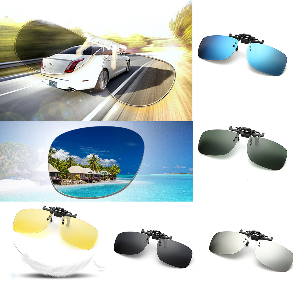 Men Fashion Driving Square Polarized Clip-On Flip Up Metal Clip Sunglasses