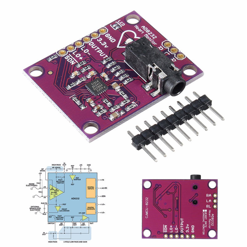 Single Lead AD8232 Double Poles Pulse Heart Rate Monitor ECG Sensor ...