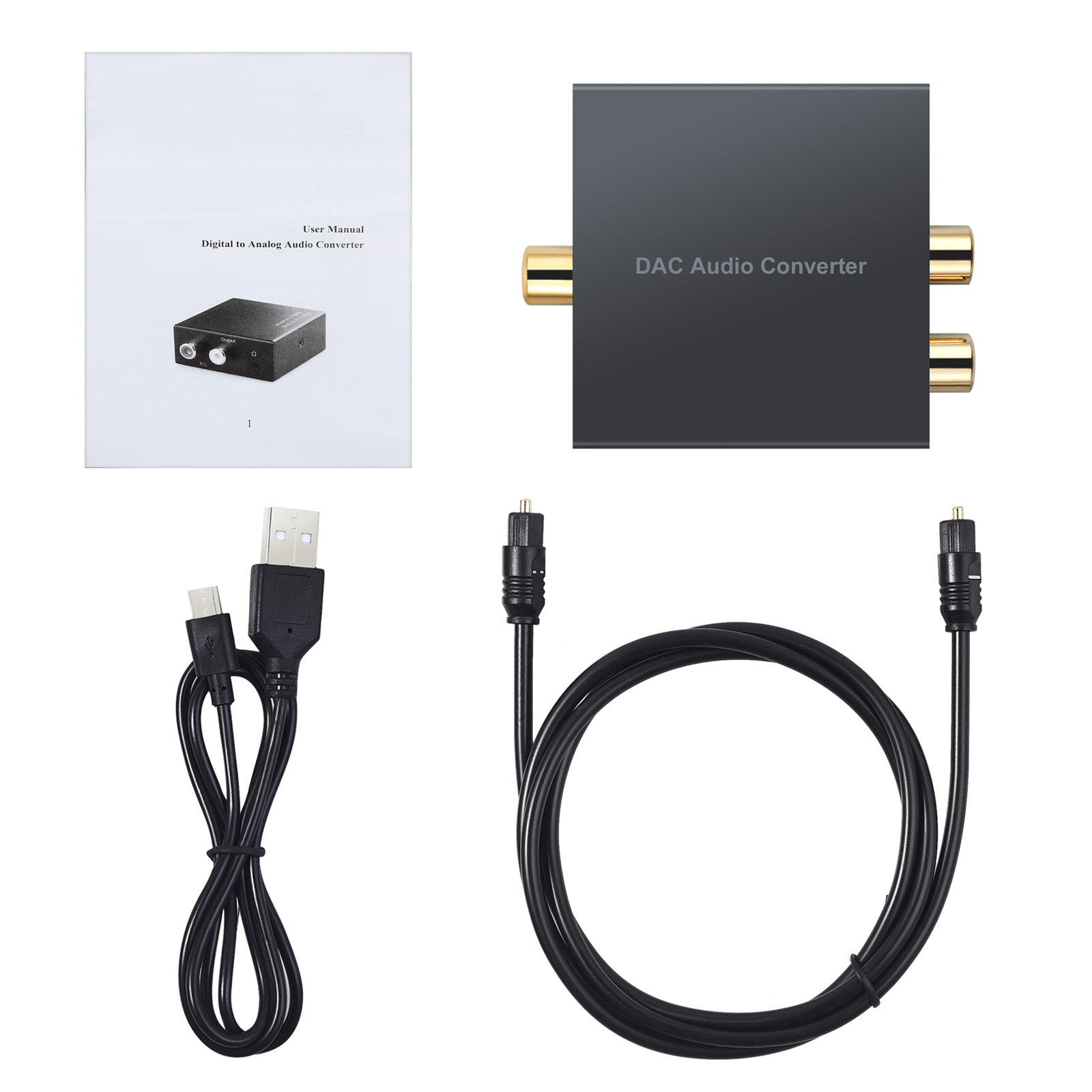 1 x Digital to analog audio converter with 3.5mm jack 1 x Toslink cable (Optical cable) 1 x USB Power Cable 1 x User Manual