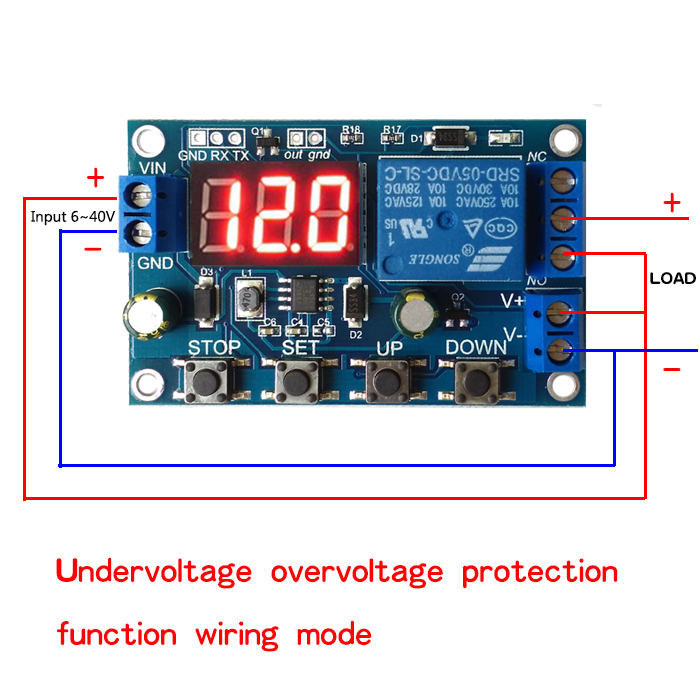 under voltage over voltage protection module automatic charging press and hold the stop button for 2 seconds to release to achieve c p and o d state of the switch the current state will flash and then return to the