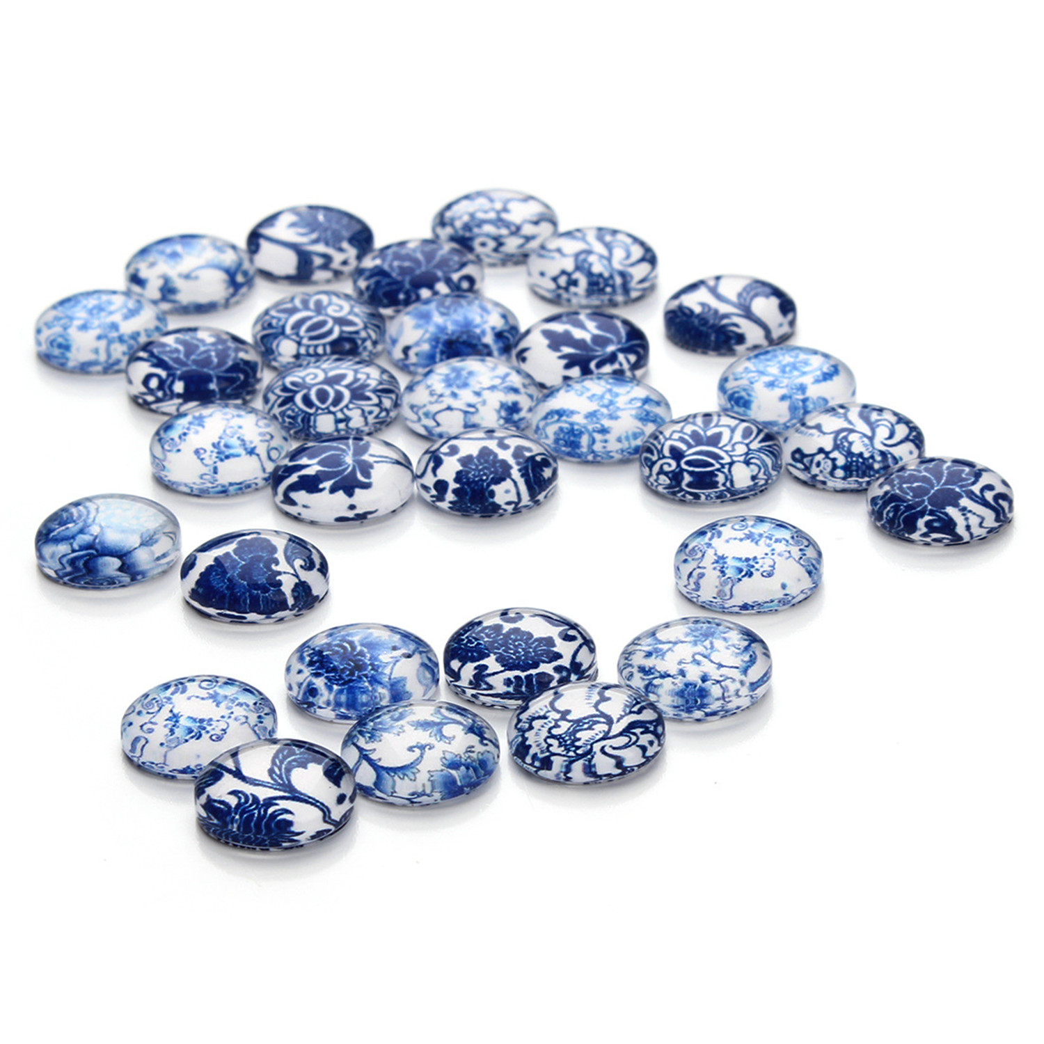 30pcs Assorted Blue and white Porcelain Pattern Round Glass Flatback Cameo 12MM