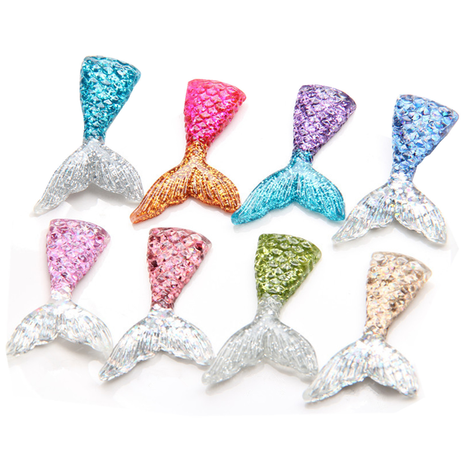 43*20mm 2//10 Pcs Mixed Glitter Mermaid Fish Tails Flatback Resin Cabochon Craft