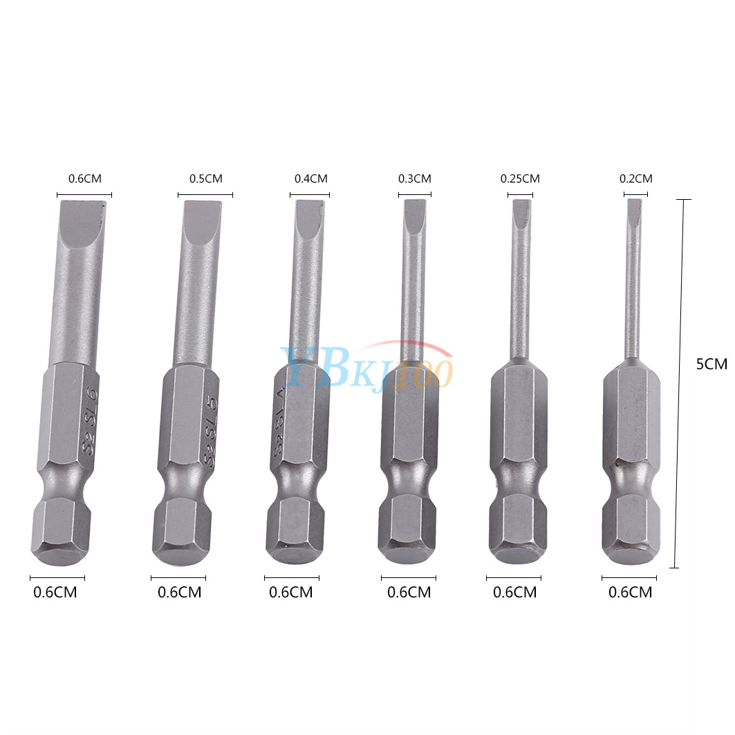 6 pcs/Set 2.06.0mm 1/4" Hex Shank Flat Head Screwdriver Bits