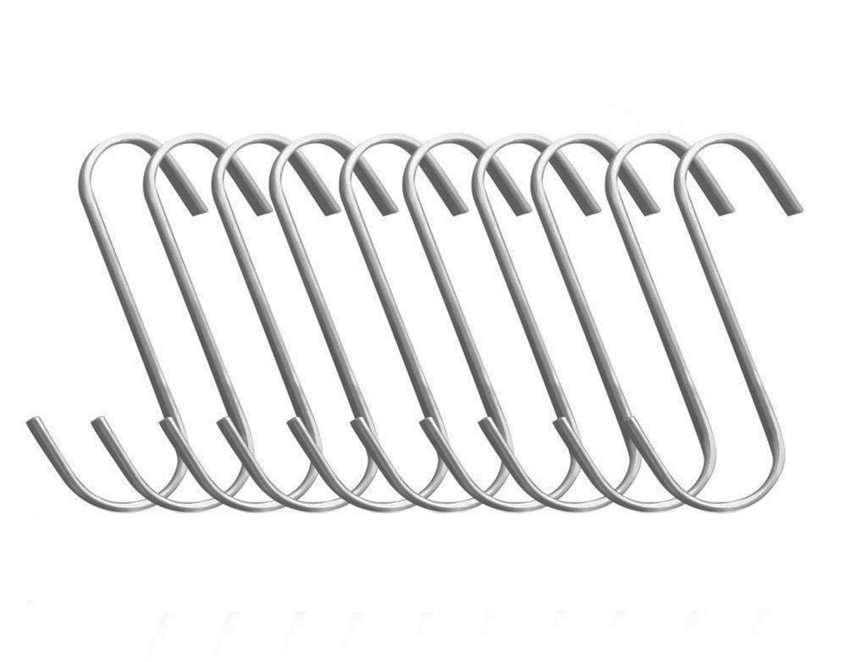 10PCS Premium Brushed Stainless Steel Metal Flat S Shaped Hooks Silver