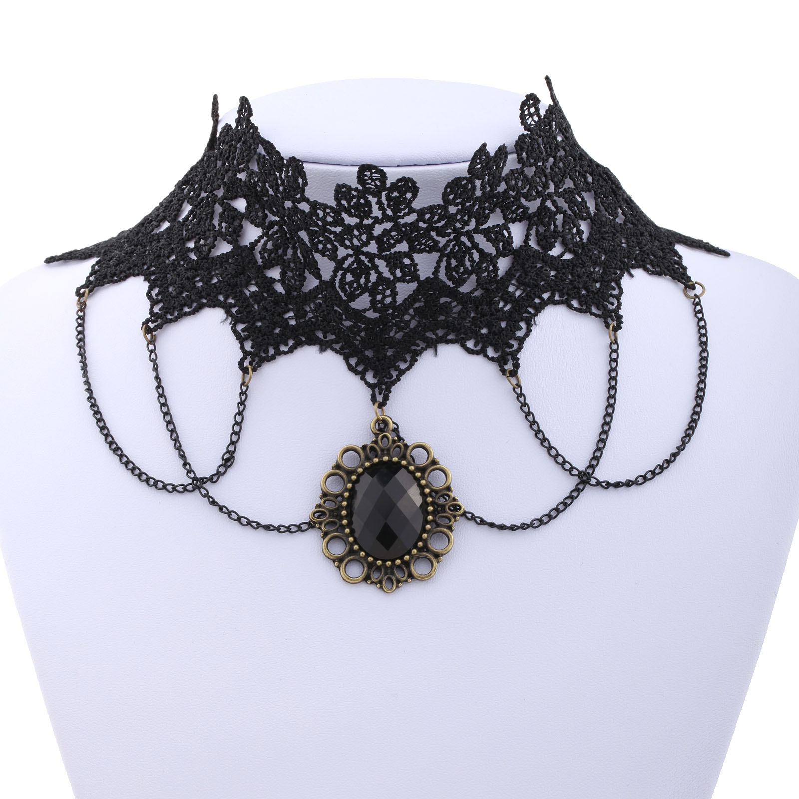 Victorian Crystal Black Lace Chain Chunky Pendant Gothic Choker Bib