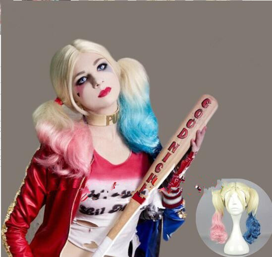 Harley Quinn Pink Blue Blonde Mix Hallowmas Curl Hair Cosplay Wigs