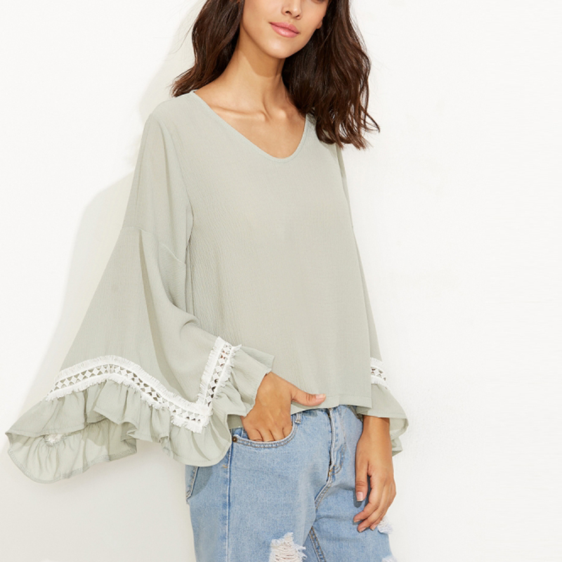 V Neck Drawstring Crochet Bell Sleeve T-Shirts – Culubulu Road tesco Halter Contrast Trim Color Block Bikini perth ecommerce