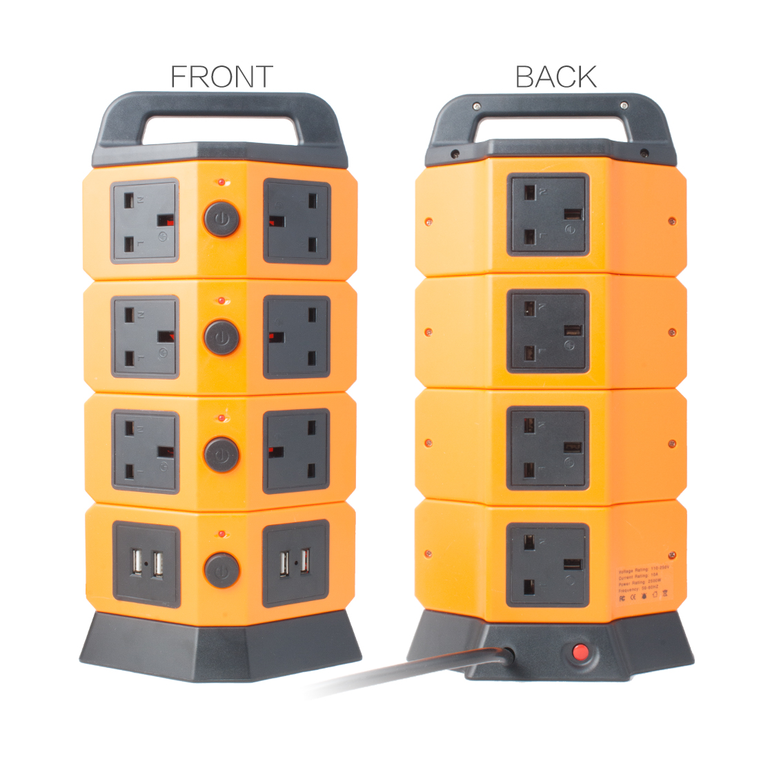 Tower Socket Mains Power Extension Lead Multi Way 4 USB Port Adaptor