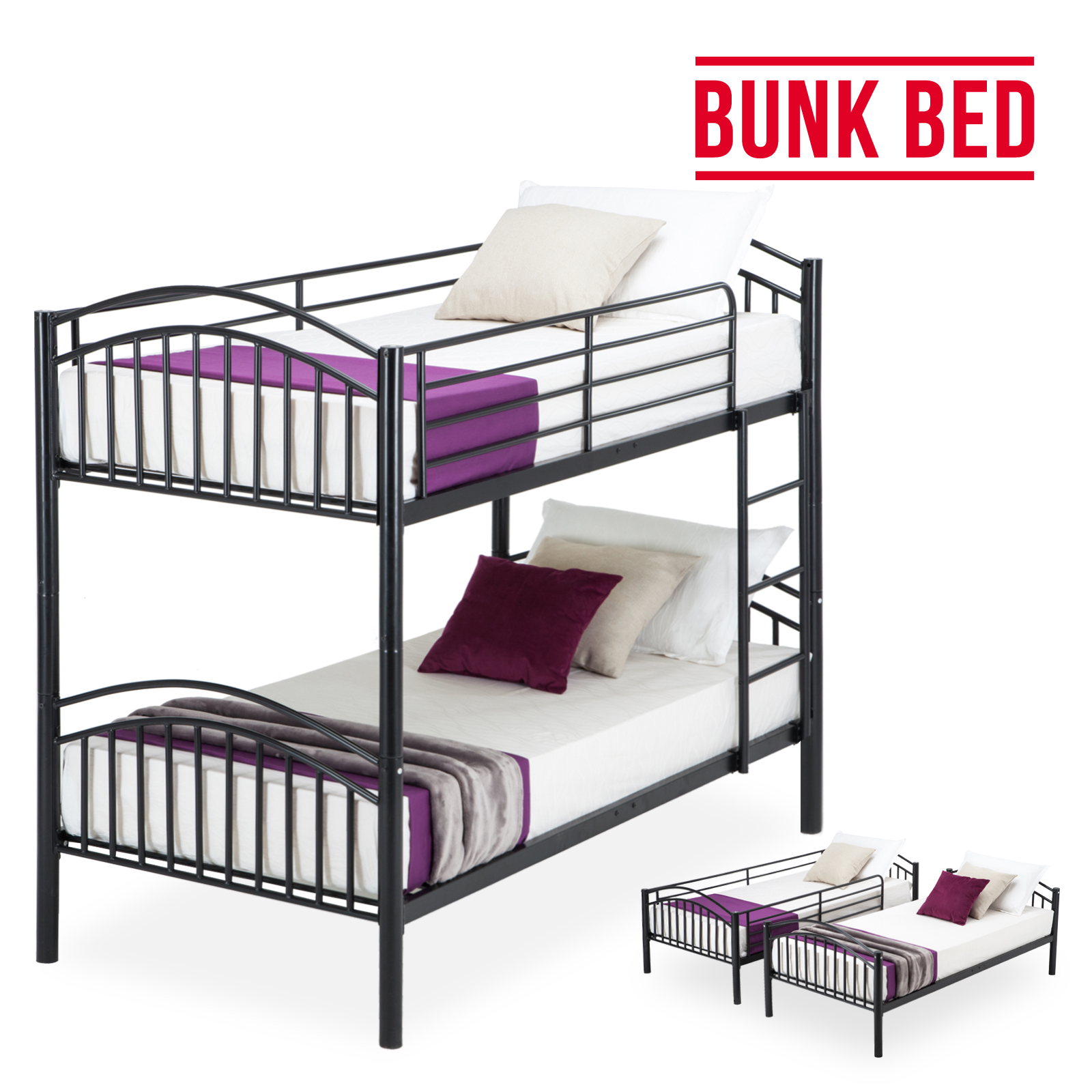 Modern 3FT Black Single Metal Bunk Bed Frame 2 Person for Adult