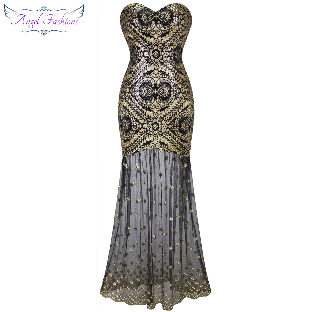 Angel-fashions Womens Art Deco Sequin Inspired Mermaid Bodycon Evening Dress Prom