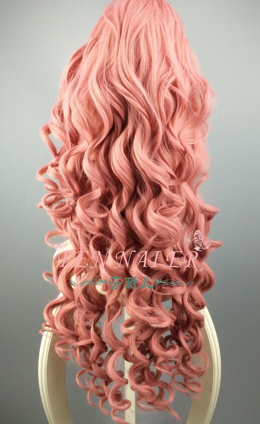Fashion anime long curly smoke pink cosplay wig luka single horsetail big wave