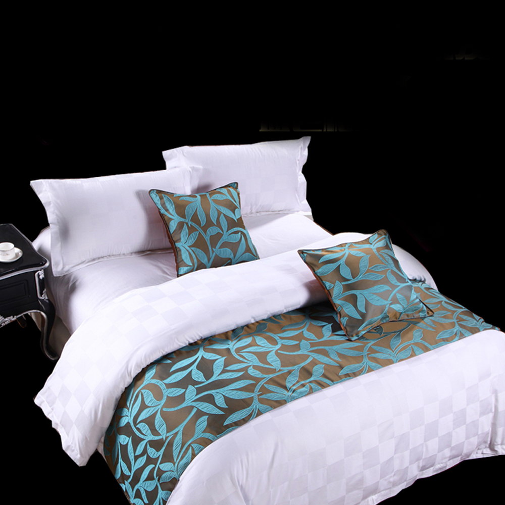 yazi Bed Runner Scarf Cotton Hotel Bedding End Decor Acacia Blue Leaf