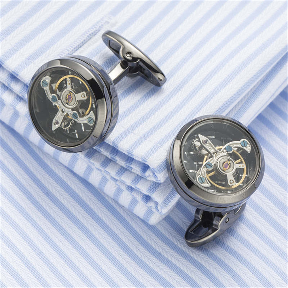 Functional tourbillon mechanical watch cufflinks French cuff links mens
