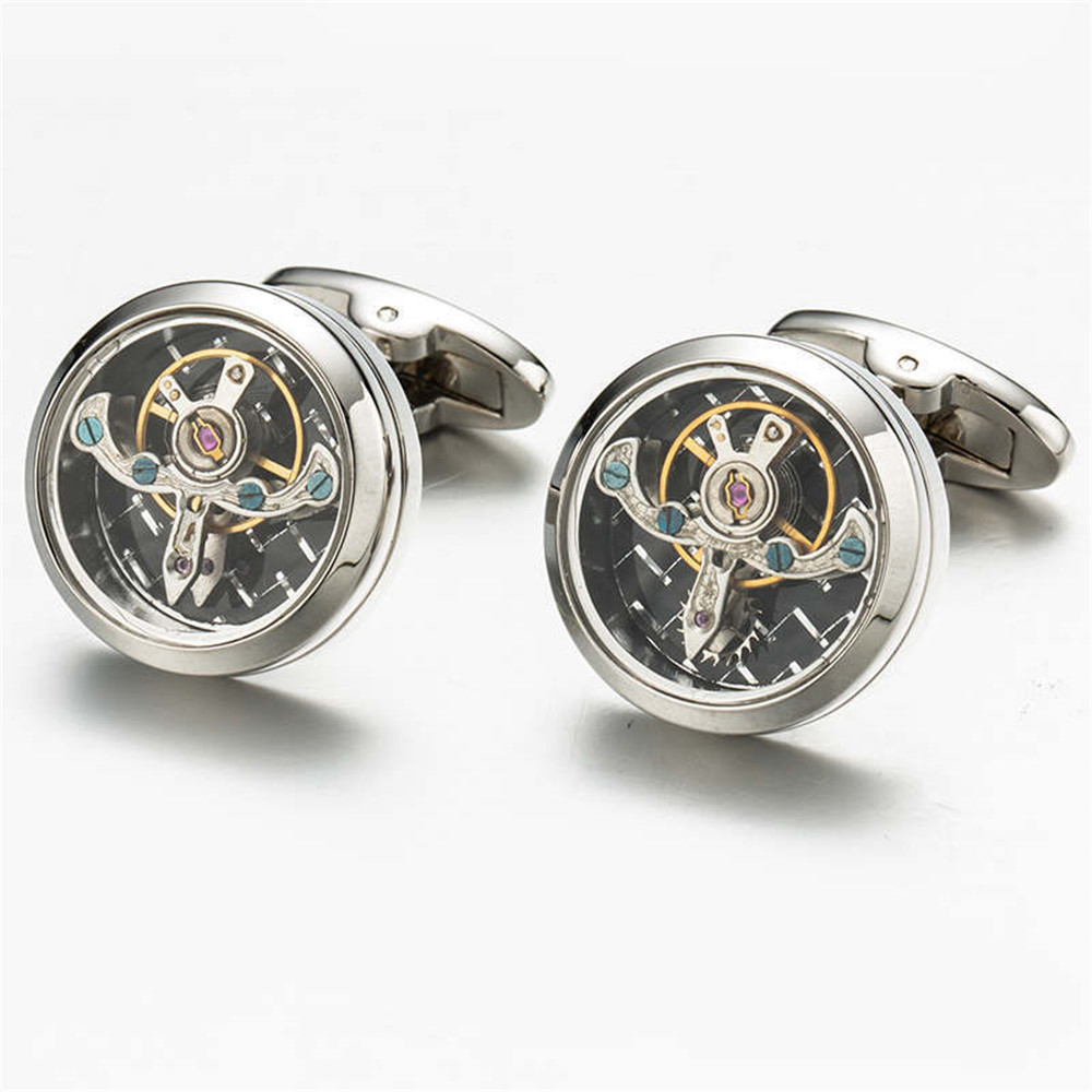 Functional tourbillon mechanical watch cufflinks French cuff links mens