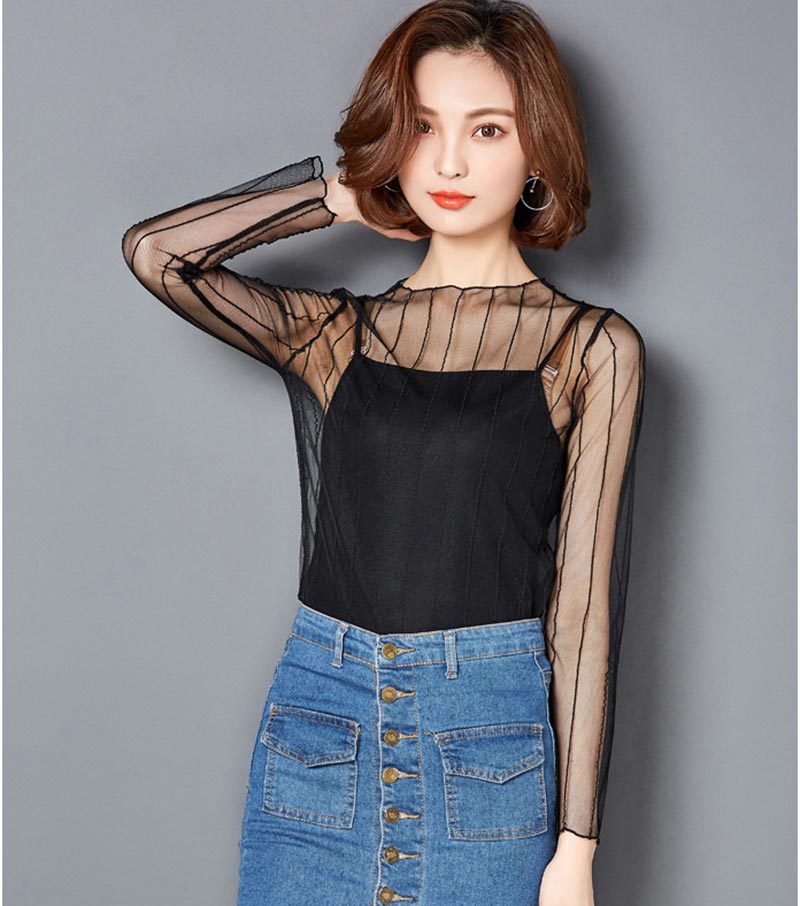 Women Lace Embroidery Gauze Blouse Feminine Nails Beads