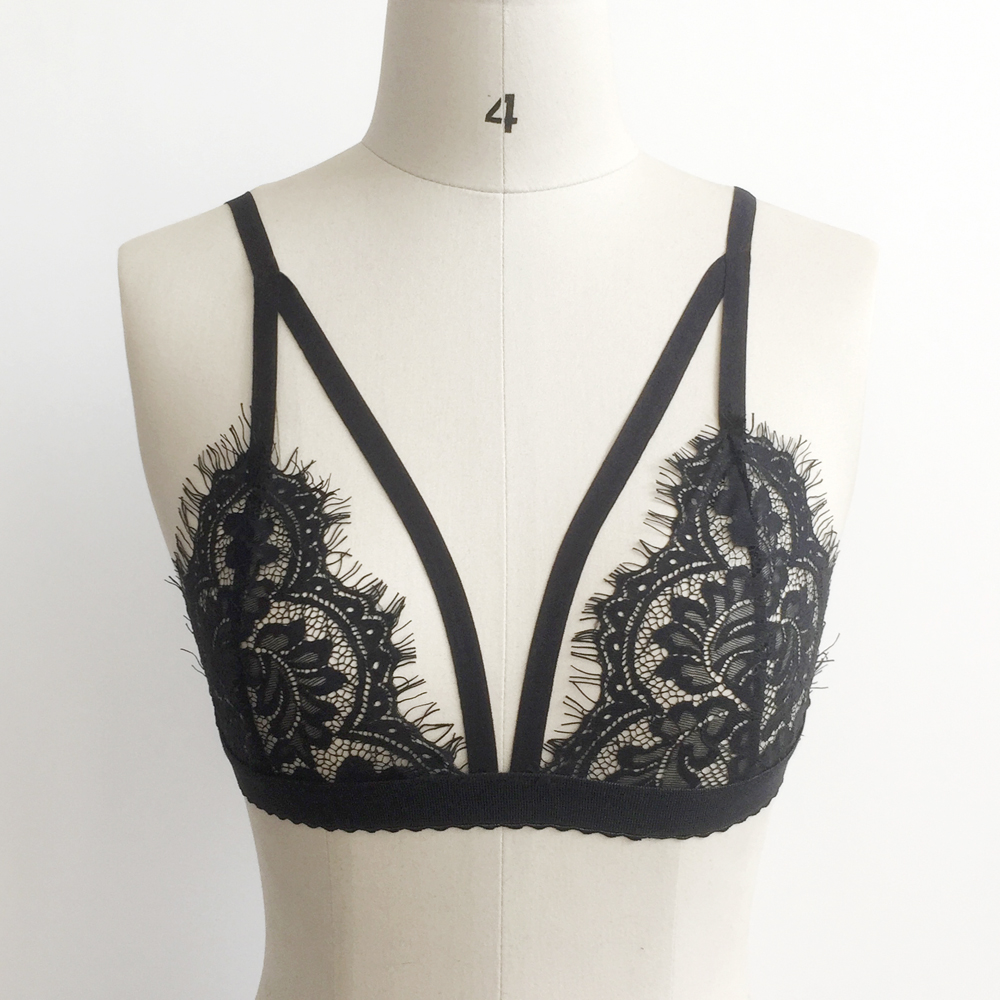 Black mesh and eyelash lace triangle bra gloves