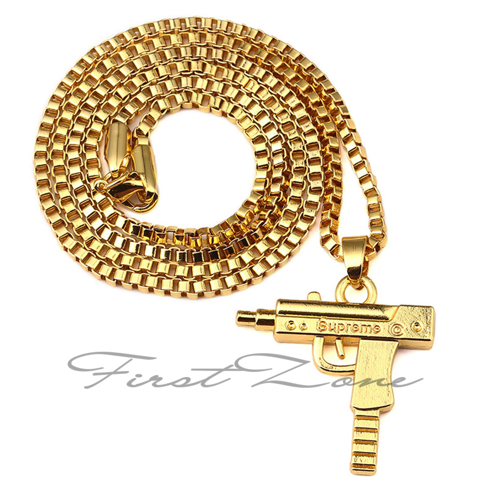 Supreme Uzi Machine Gun Pendant Gold Bar Necklace 18KT Gold Plated