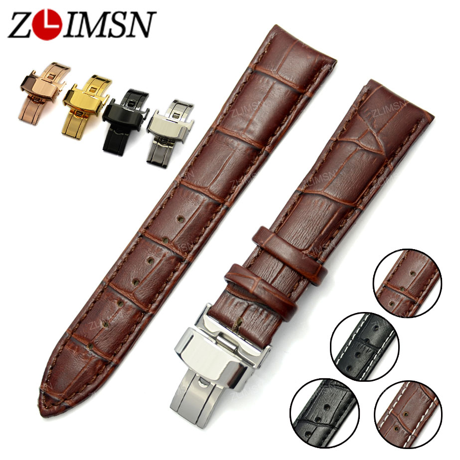 Genuine Leather Stainless Steel Butterfly Clasp Watch Band Strap 18 20