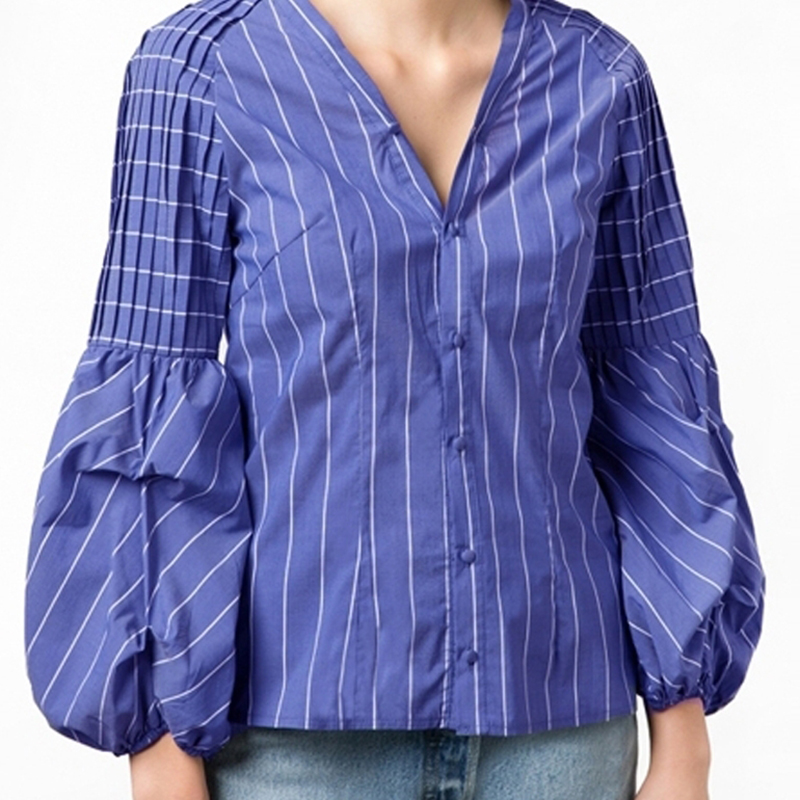 Womens Blue Striped V Neck Balloon Sleeve Top Button Front Shirt Fashion Blouse Ebay womens blue striped v neck balloon sleeve top button front shirt fashion blouse ebay