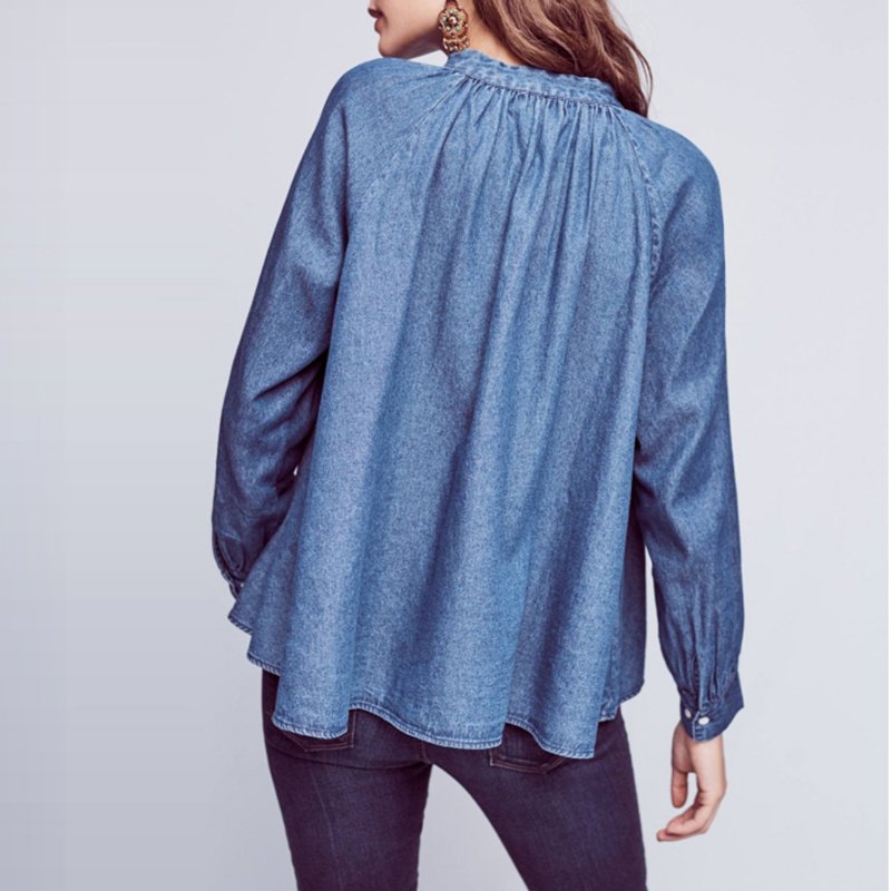 Women Embroidered Lace Up Long Sleeve Jeans Shirt Blue Denim Blouse