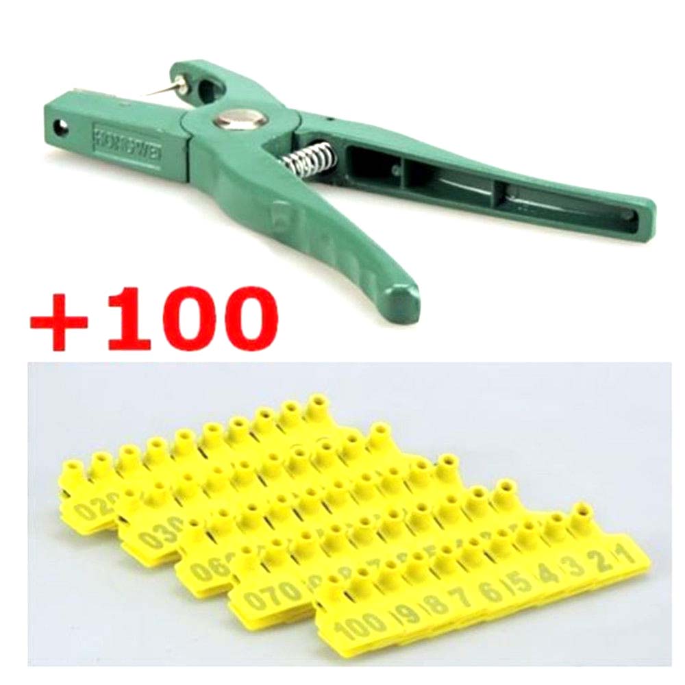 Set Pig Goat Hog Cattle Cow Ear Plier Applicator Puncher Tagger+100 Tags Kit