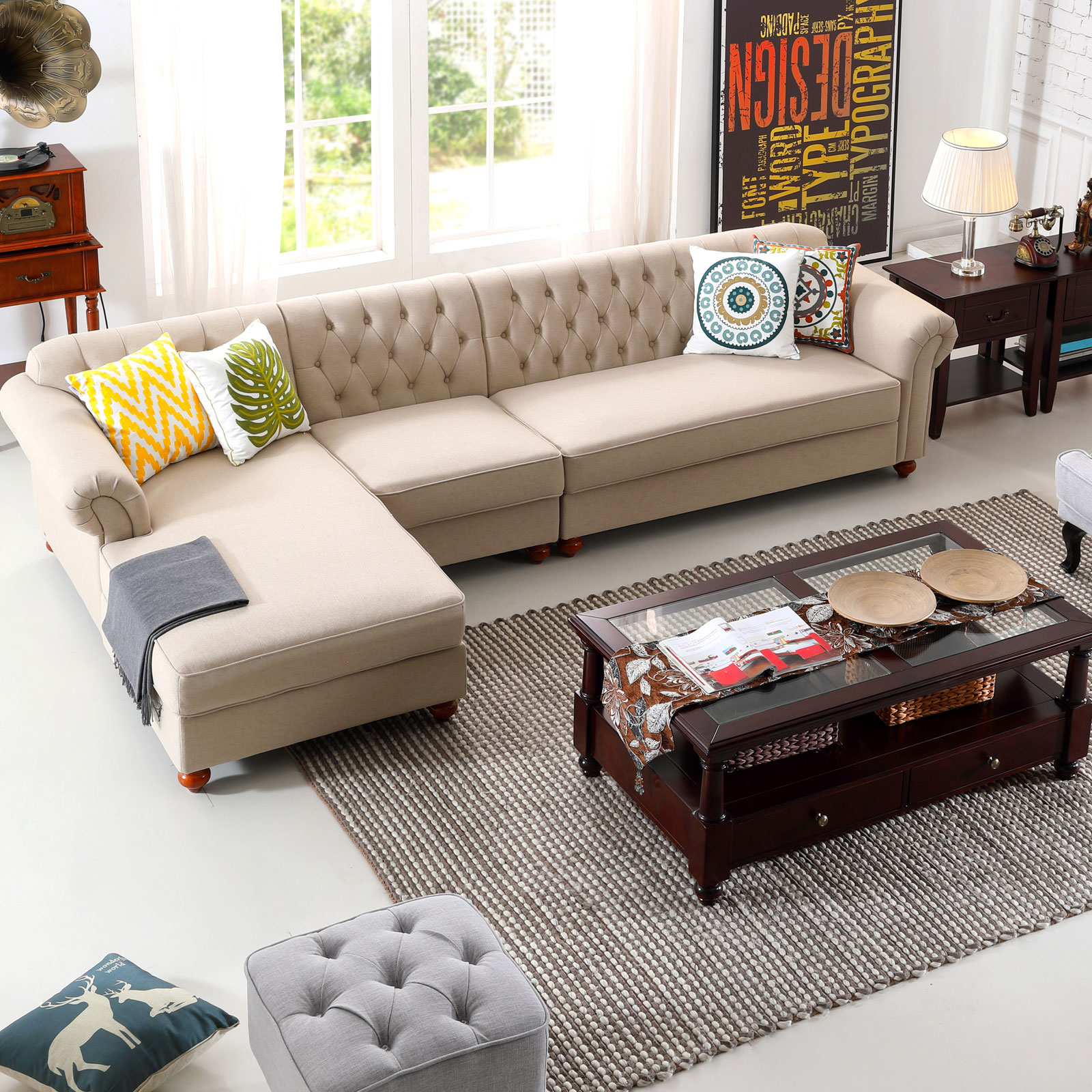 Sectional Couch Sofa Set Chesterfield Tufted Button Sofa Right