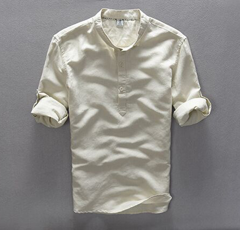 Men's Linen Button Neck Shirt Top Three-Quarter Sleeves ...