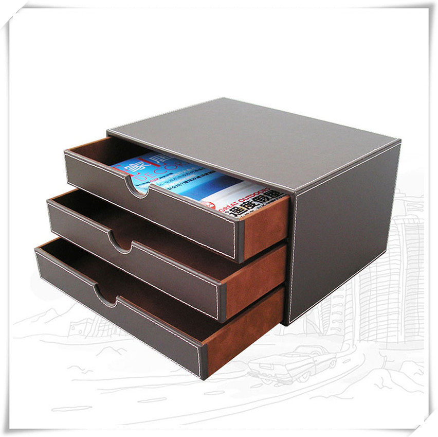 Office 3 Layer Leather Desk Document Storage Box Files Organizer