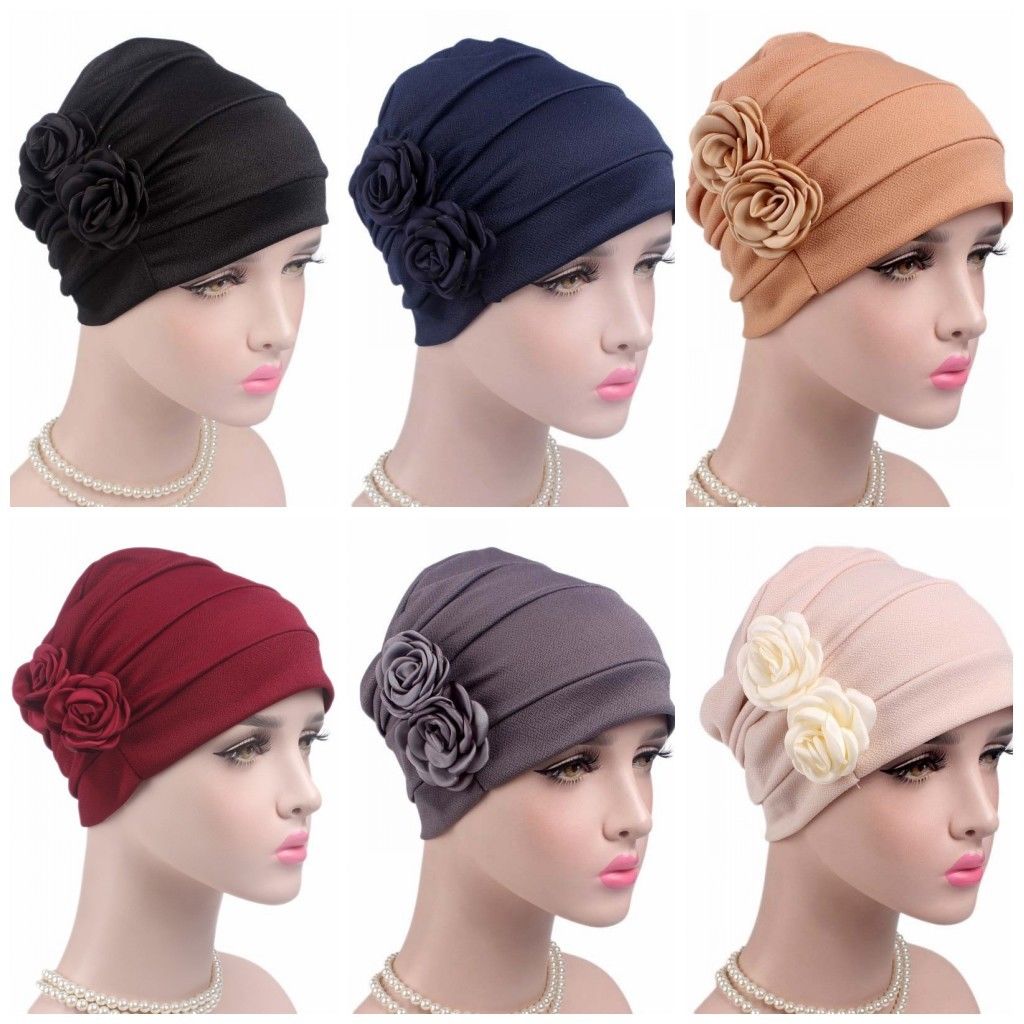 Zcuhen Women Flower Elastic Turban Beanie Head Wrap Chemo Cap Hat Muslim Ruffle Cancer Chemo Hat Soft Scarf Hijabs Chemo Cap Hair Loss Head Scarf Wrap Cap