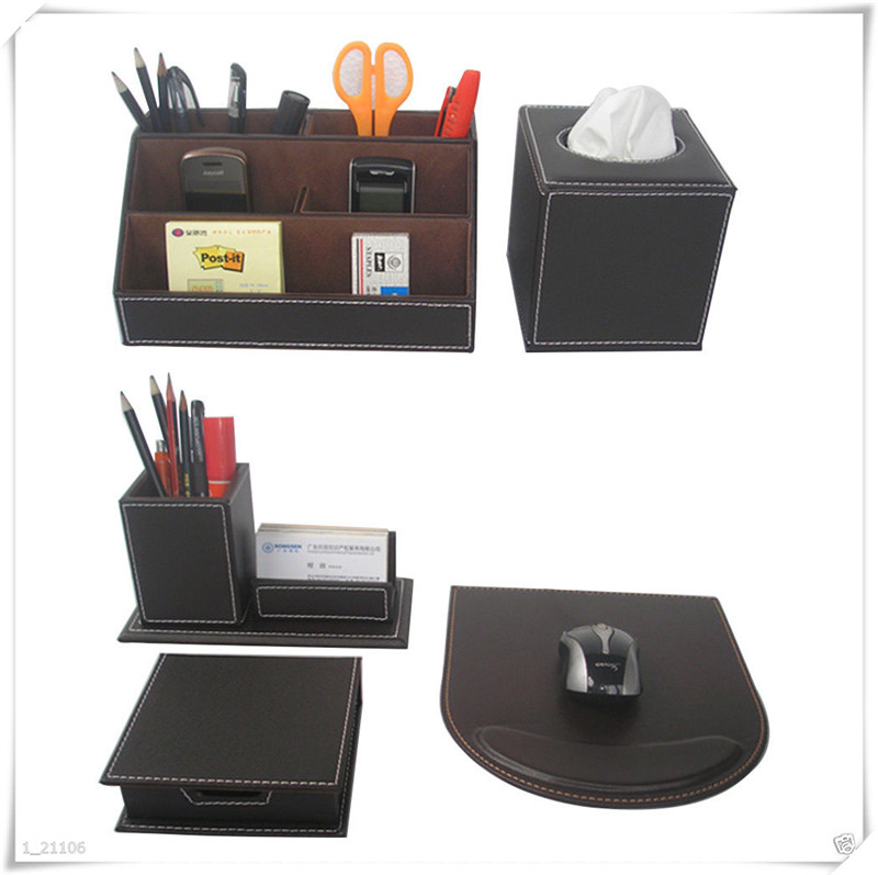 Set Of 5pcs Pu Leather Desk Stationery Organizer Storage Box Pen