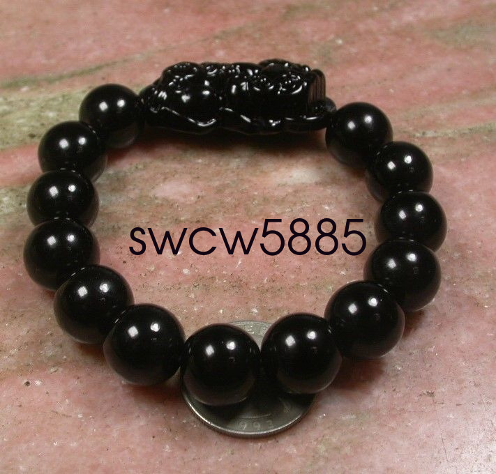 EXQUISITE CHINESE Black JADE Bead Dragon Pi Xiu Coin Bangle Feng Shui Bracelet
