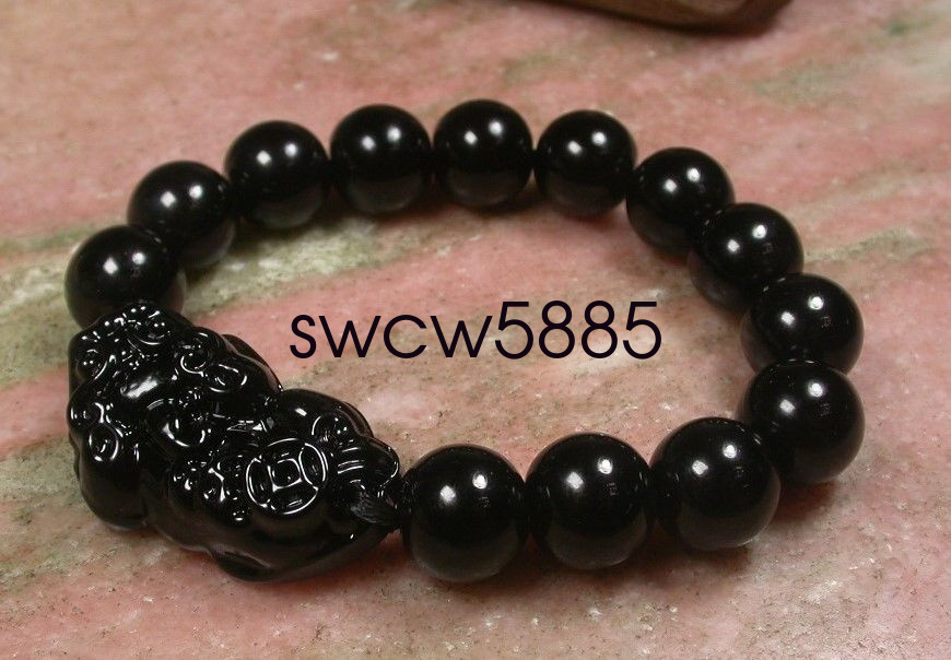 EXQUISITE CHINESE Black JADE Bead Dragon Pi Xiu Coin Bangle Feng Shui Bracelet