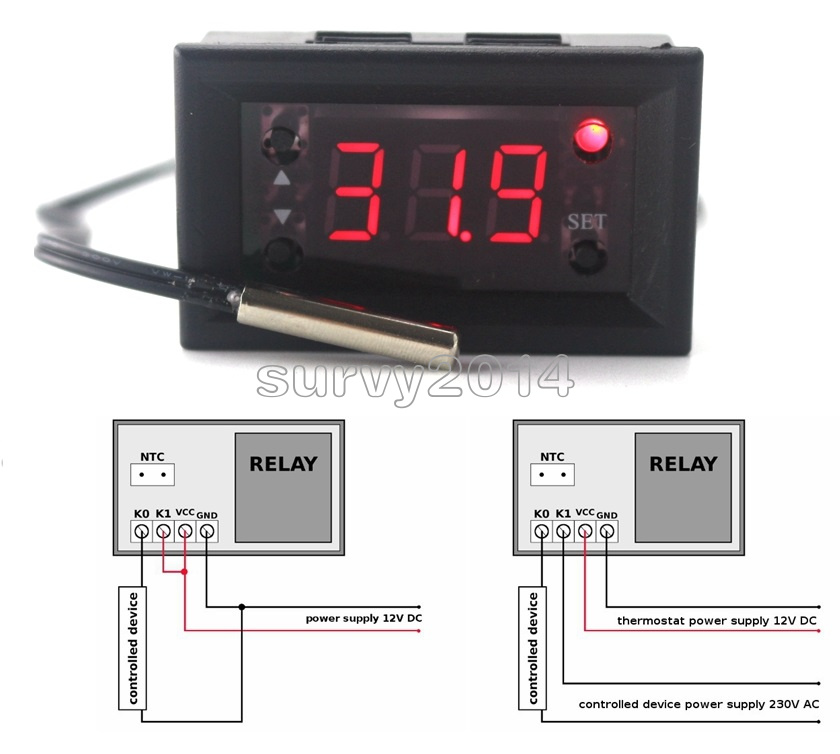 W1218 Red//BlueThermostat DC 12V+3-Digit NTC Probe Controller Replace W1209WK