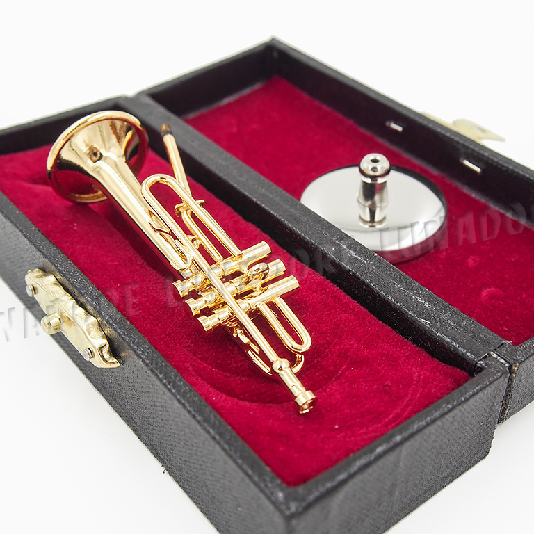 112 Trumpet Miniature Musical Instrument w/ Case Stand Goldtone Gift