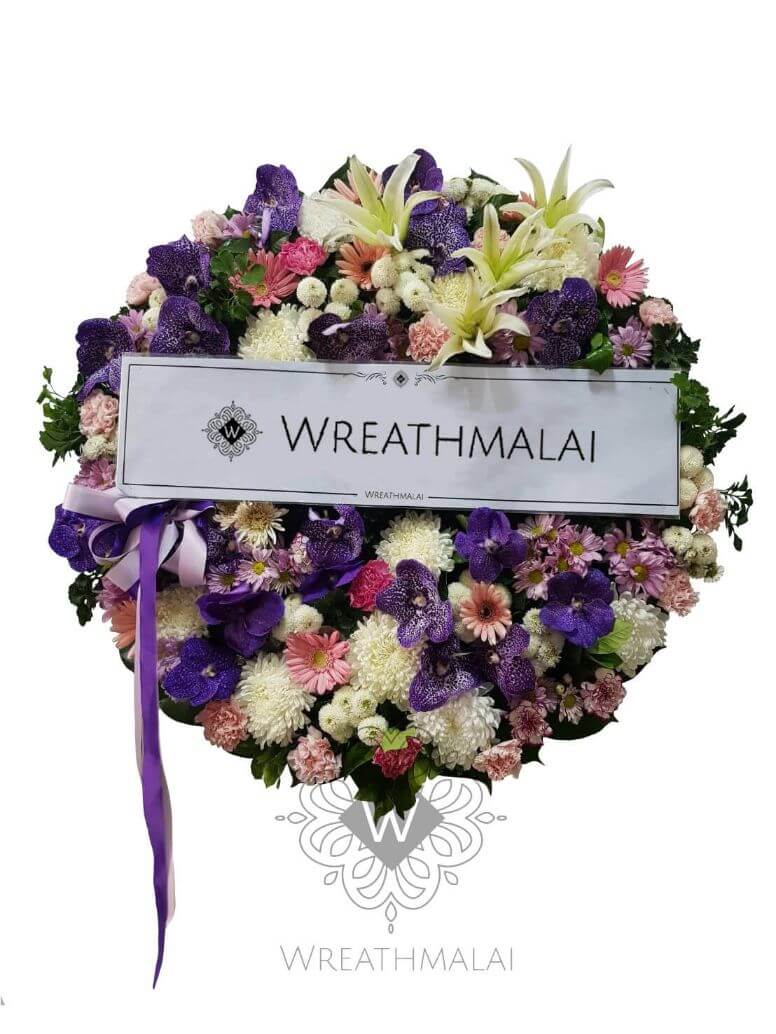 WF058 พวงหรีดดอกไม้สด  Size L  โทนสี iris สวยสง่า