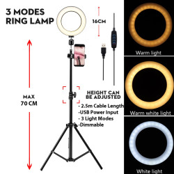 ALC 8inch 20cm LED Bi-Color Dimmable 3 Modes Ring Light + Phone Mount + 70cm Tripod Stand (Ideal for FB / Insta Live + Vlogging + Youtube Make Up Video)