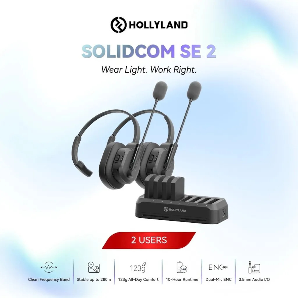 Hollyland Solidcom SE 2 1.9Ghz Full-Duplex Wireless Intercom Headset System with Dual-Mic ENC (2S / 4S / 6S / 8S / 11S) — Hollyland Solidcom SE 2 2S 1.9Ghz (2 Users)