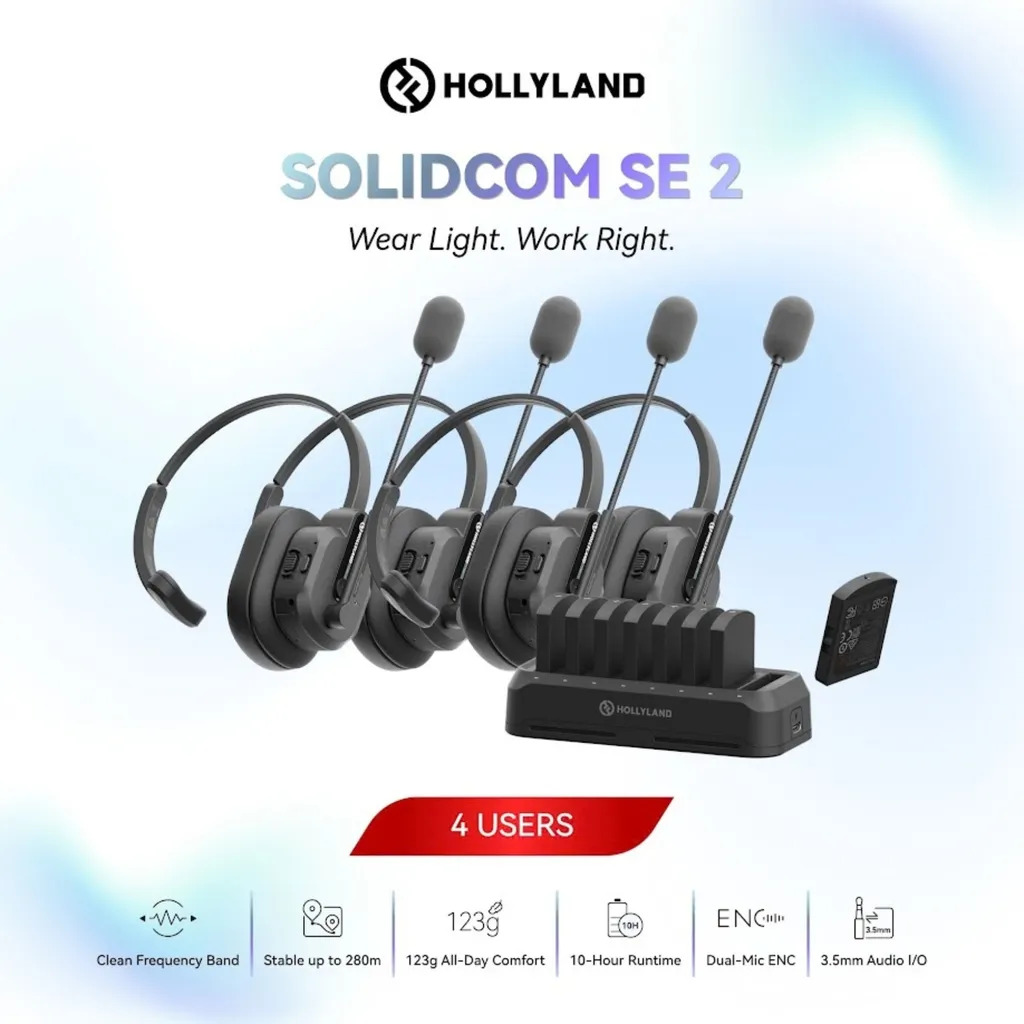 Hollyland Solidcom SE 2 1.9Ghz Full-Duplex Wireless Intercom Headset System with Dual-Mic ENC (2S / 4S / 6S / 8S / 11S) — Hollyland Solidcom SE 2 4S 1.9Ghz (4 Users)