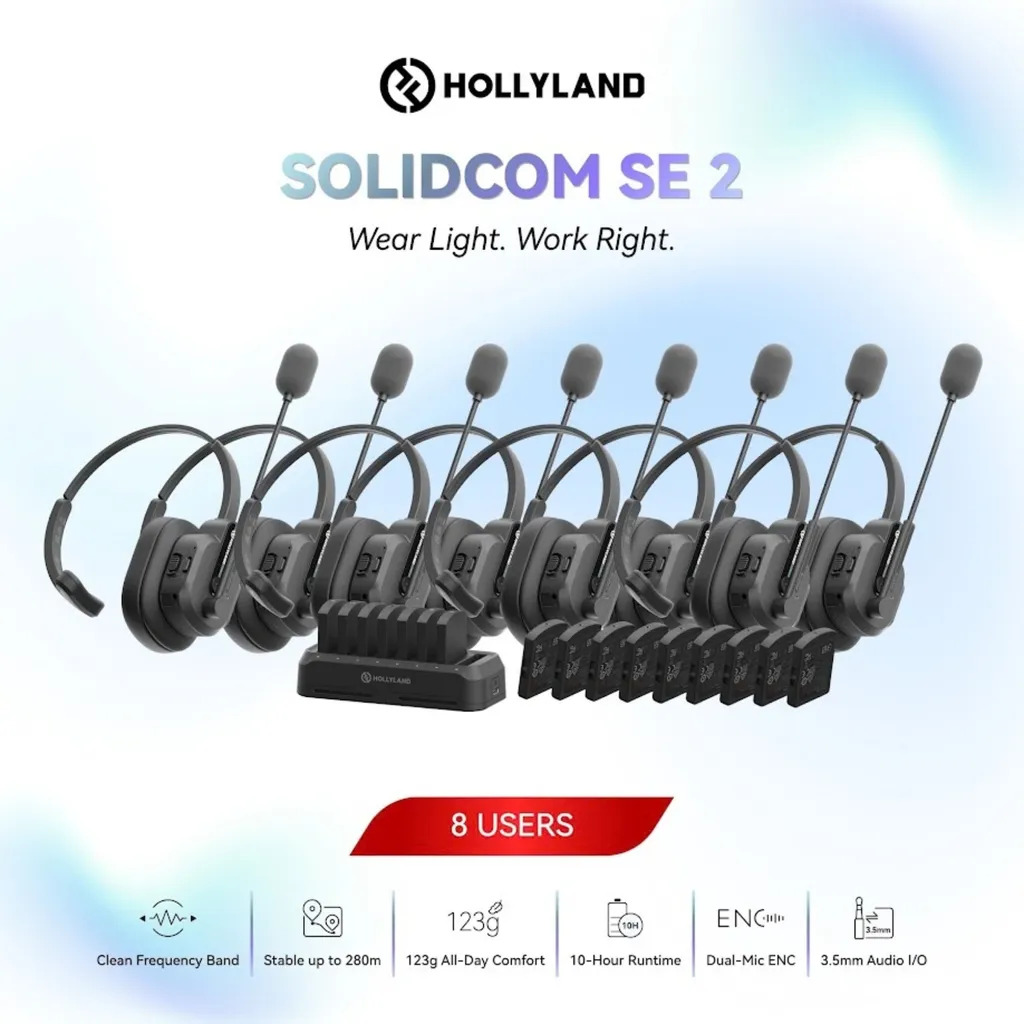 Hollyland Solidcom SE 2 1.9Ghz Full-Duplex Wireless Intercom Headset System with Dual-Mic ENC (2S / 4S / 6S / 8S / 11S) — Hollyland Solidcom SE 2 8S 1.9Ghz (8 Users)