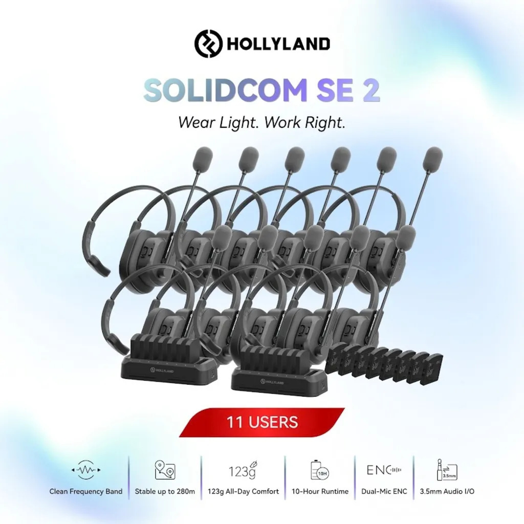 Hollyland Solidcom SE 2 1.9Ghz Full-Duplex Wireless Intercom Headset System with Dual-Mic ENC (2S / 4S / 6S / 8S / 11S) — Hollyland Solidcom SE 2 11S 1.9Ghz (11 Users)