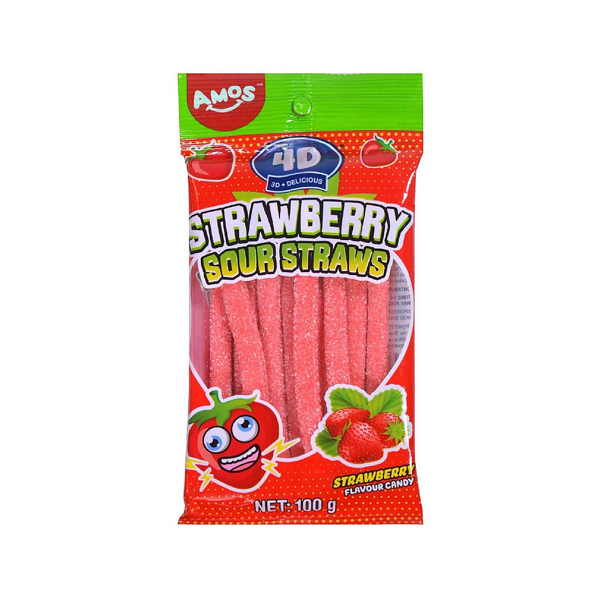 Amos 4D Gummy Strawberry Sour Straws 100g