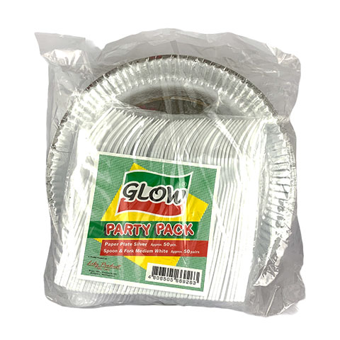 Party Pack Silver Paper Plate, Spoon & Fork Medium White 50s