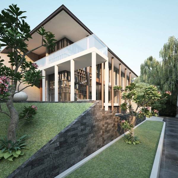 Tampak depan rumah minimalis dengan material batu alam AL House at Alam Sutra karya Nelson Liaw [Sumber: arsitag.com]