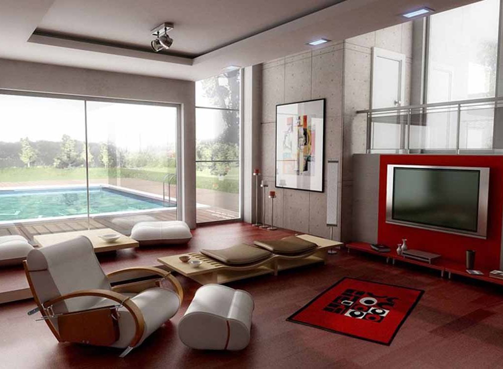 Dekorasi ruang tamu tanpa sofa dengan home theater [Sumber: dogalzirve.org]