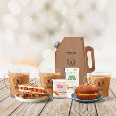 Ginger Chai Mini Flask +Tutti Fruity Bun Maska+ Paneer Tikka Sandwich + Methi Khakra + Masala Biscuit