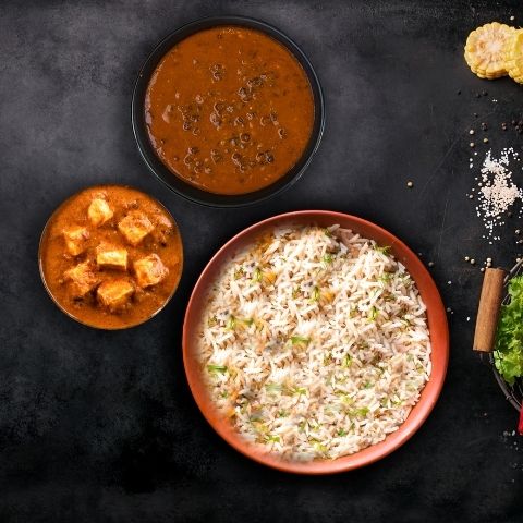Dal makhani, butter paneer, pulao thali