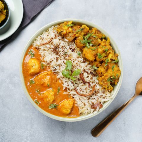 Butter chicken, aloo gobhi & jeera pulao