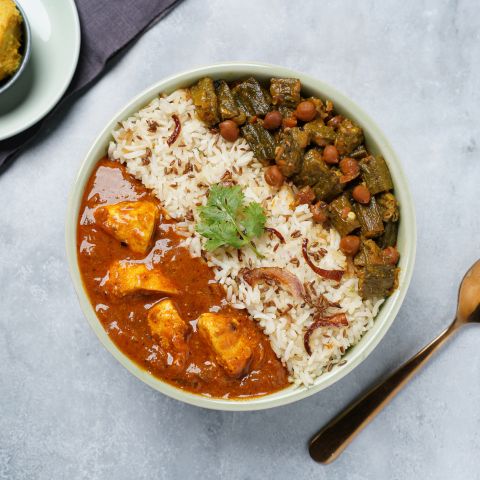 Kadhai chicken, bhindi chana & jeera pulao