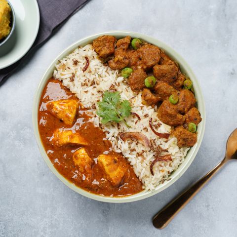 Kadhai chicken, soya masala sabzi & jeera pulao