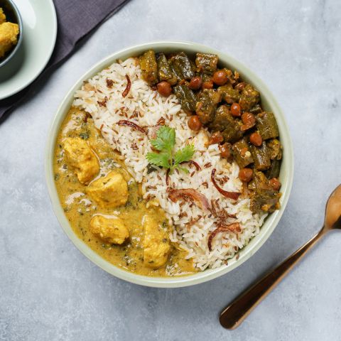 Lasooni methi chicken, bhindi chana & jeera pulao